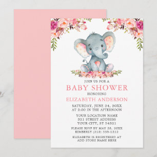 Watercolor Pink Blush Floral Baby Shower Elephant Invitation