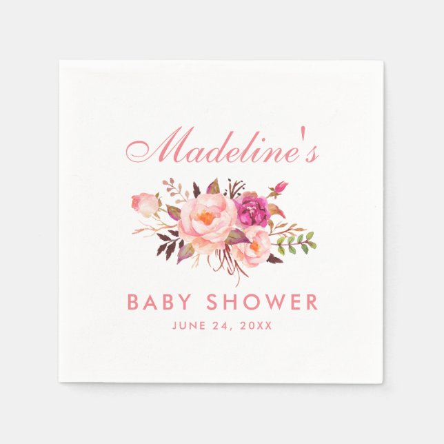 Watercolor Pink Blush Floral Baby Shower Napkin (Front)
