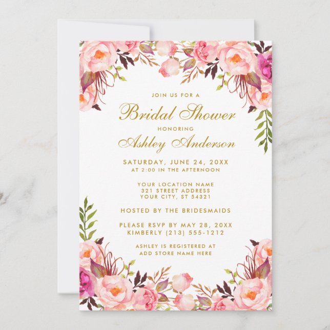 Watercolor Pink Blush Floral Bridal Shower Gold Invitation (Front)