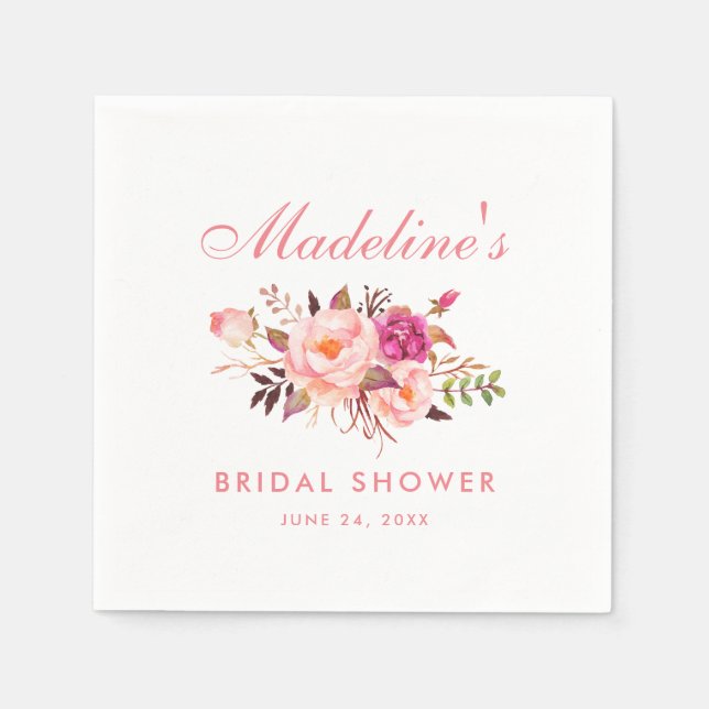 Watercolor Pink Blush Floral Bridal Shower Napkin (Front)