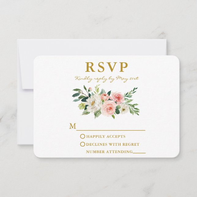 Watercolor Pink Blush Floral Elegant Gold RSVP Card (Front)
