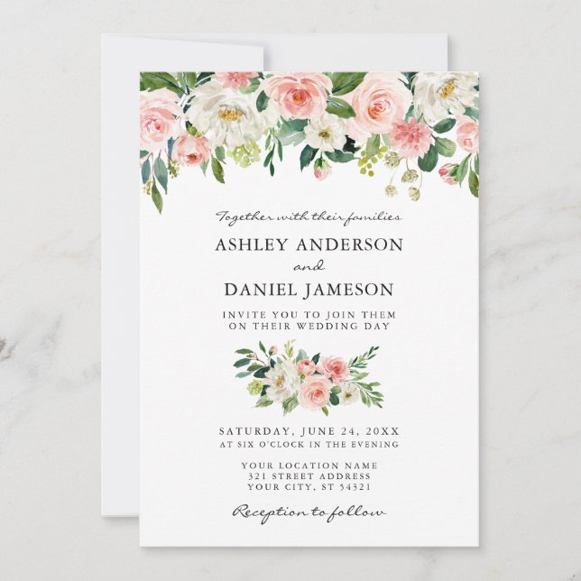 Watercolor Pink Blush Floral Elegant Wedding W Invitation (Front)
