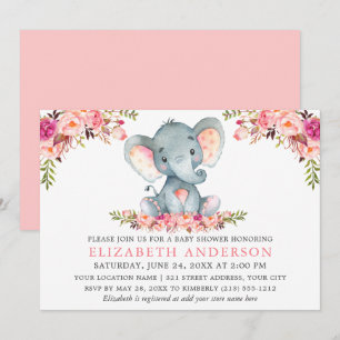 Watercolor Pink Blush Floral Elephant Baby Shower Invitation
