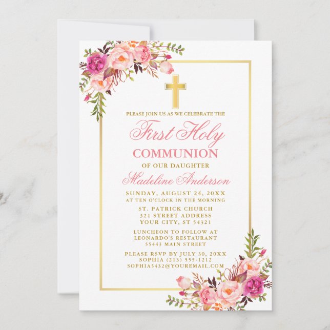 Watercolor Pink Blush Floral First Communion Gold Invitation (Front)
