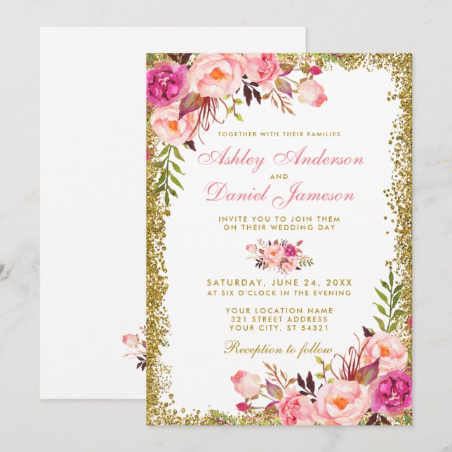 Watercolor Pink Blush Floral Glitter Wedding Invitation (Front/Back)