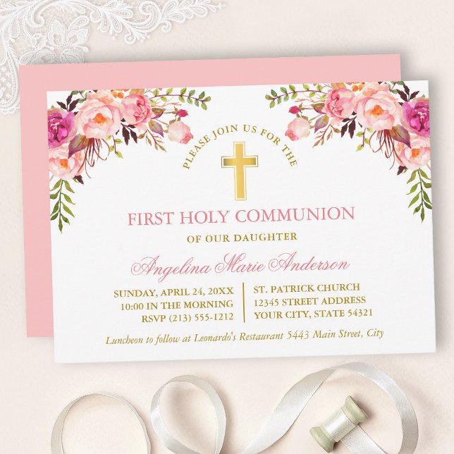 Watercolor Pink Blush Floral Gold Communion Invitation (Customize to change text color, text style or color of back of card.)