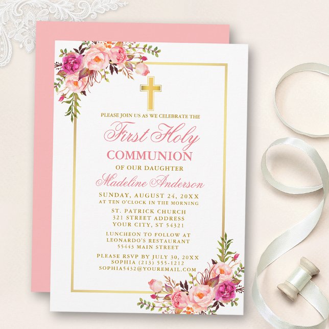 Watercolor Pink Blush Floral Gold First Communion Invitation (Customize to change text color, size, style or to change color of back of card.)