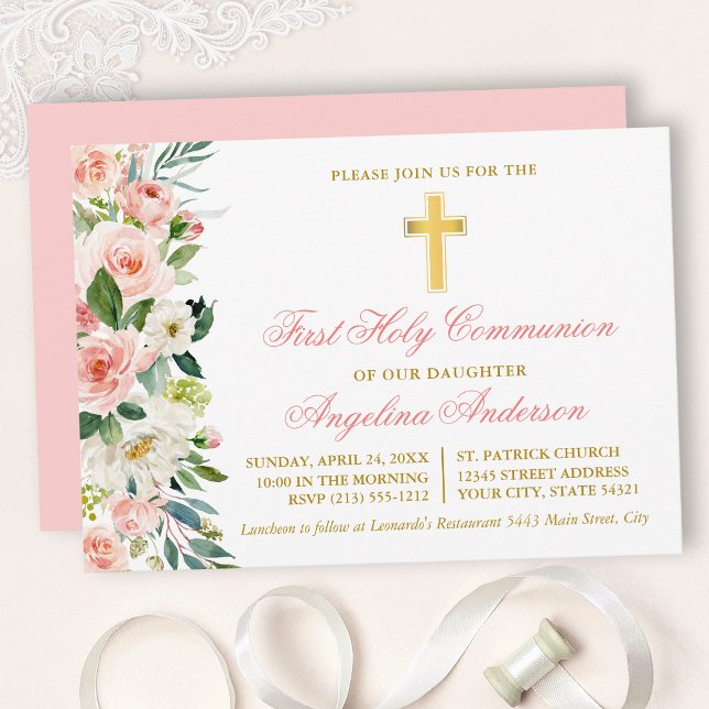 Watercolor Pink Blush Floral Gold First Communion Invitation (Customize to change text color, size, style or to change color of back of card.)