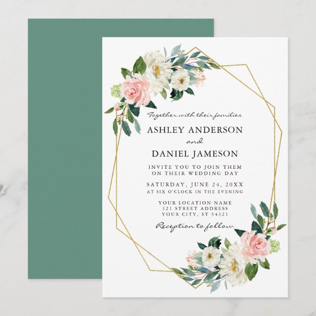 Watercolor Pink Blush Floral Gold Frame Invitation (Front/Back)