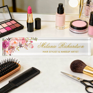 Watercolor Pink Blush Floral Gold Nameplate