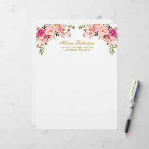 Watercolor Pink Blush Floral Gold Personalised Custom Letterhead