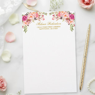 Watercolor Pink Blush Floral Gold Personalised Stationery