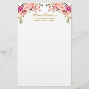 Watercolor Pink Blush Floral Gold Personalized  Stationery