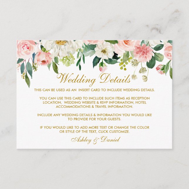 Watercolor Pink Blush Floral Gold Wedding Enclosure Card (Front)