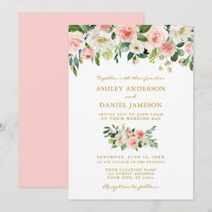 Watercolor Pink Blush Floral Gold Wedding Invitation