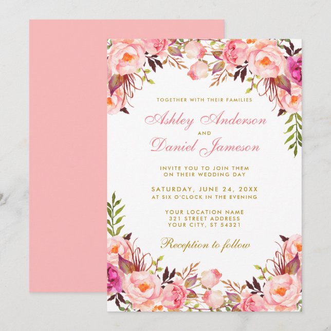 Watercolor Pink Blush Floral Gold Wedding Invitation (Front/Back)