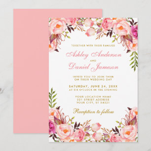Watercolor Pink Blush Floral Gold Wedding Invitation