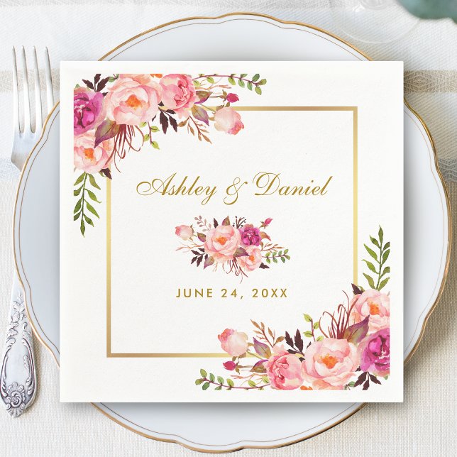 Watercolor Pink Blush Floral Gold Wedding Napkin (Customize to change text size, style, color or to add more text.)