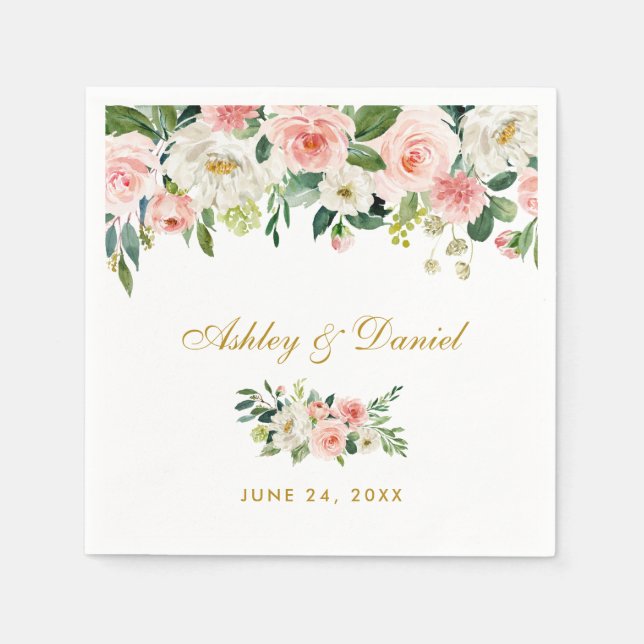 Watercolor Pink Blush Floral Gold Wedding Napkin (Front)