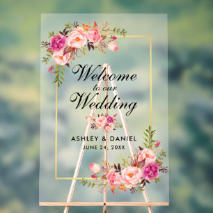 Watercolor Pink Blush Floral Gold Wedding Welcome Acrylic Sign