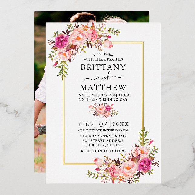 Watercolor Pink Blush Floral Photo Wedding Gold (Front/Back)