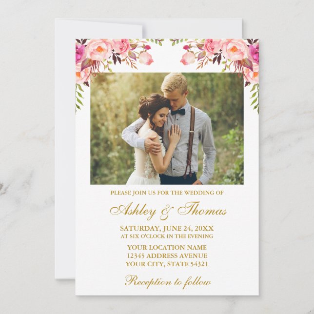 Watercolor Pink Blush Floral Photo Wedding Gold Invitation (Front)