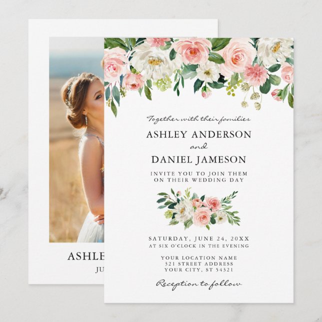 Watercolor Pink Blush Floral Photo Wedding Invitation (Front/Back)