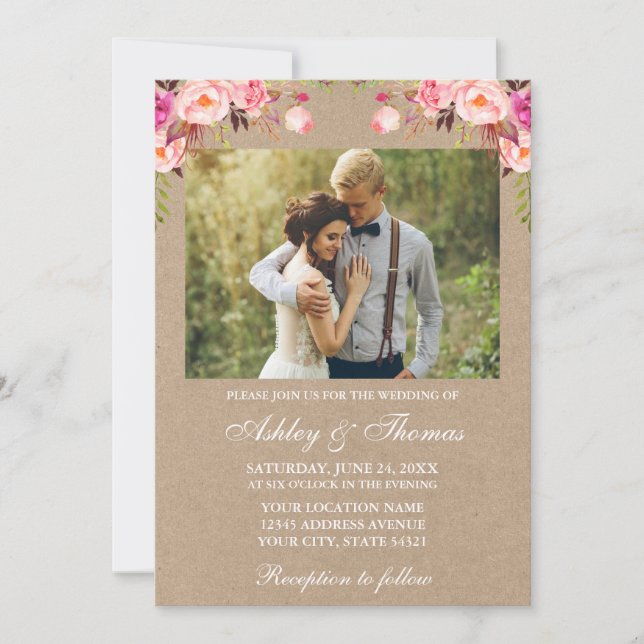 Watercolor Pink Blush Floral Photo Wedding Kraft Invitation (Front)