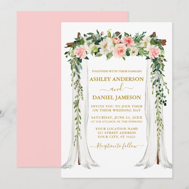 Watercolor Pink Blush Floral Wedding Canopy Gold Invitation (Front/Back)