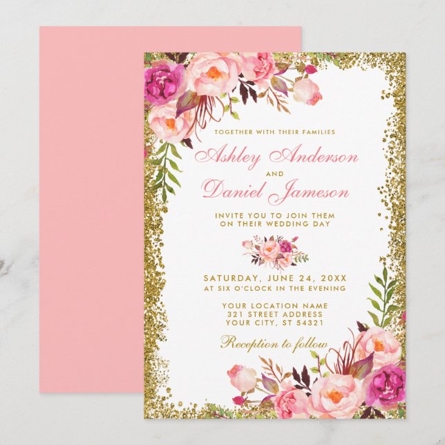 Watercolor Pink Blush Floral Wedding Glitter Invitation (Front/Back)