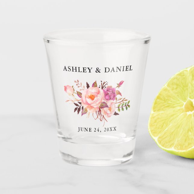 Watercolor Pink Blush Floral Wedding Shot Glass (Front)