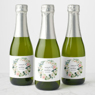 Watercolor Pink Blush Floral Wreath Wedding Mini Sparkling Wine Label