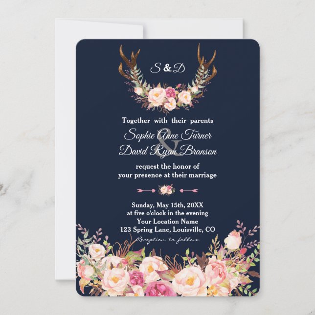 Watercolor Pink Blush Flowers Antlers Navy Wedding Invitation (Front)