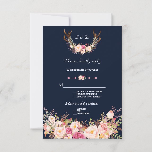 Watercolor Pink Blush Flowers Antlers Wedding RSVP (Front)