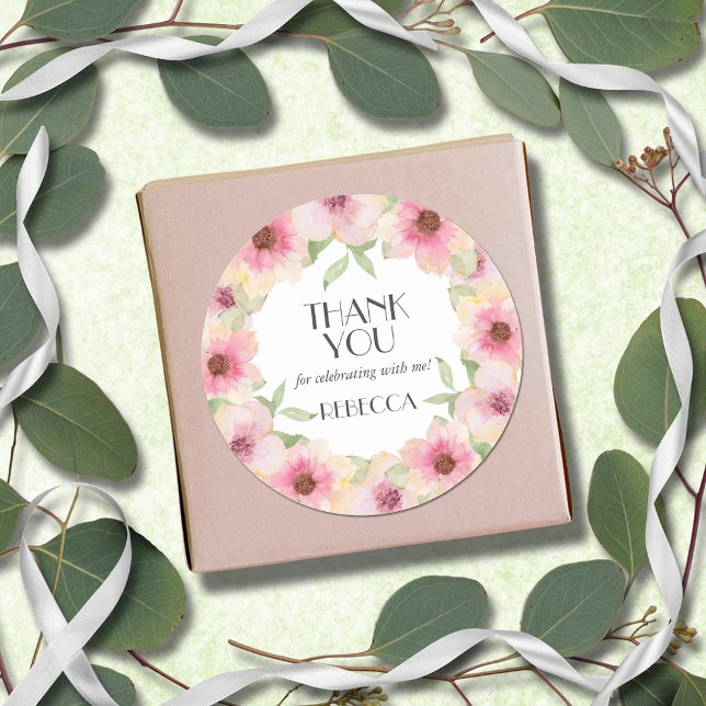 Watercolor Pink Blush Flowers Classic Round Sticker (3" round stickers with yellow and pink blush flowers, thank you and your name)