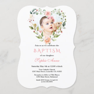 Watercolor Pink Blush Flowers Floral Photo Baptism Invitation