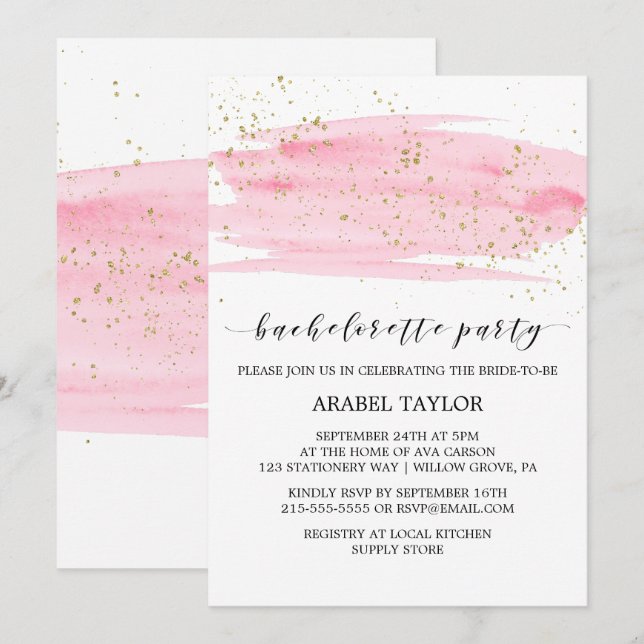 Watercolor Pink Blush & Gold Bachelorette Party Invitation (Front/Back)