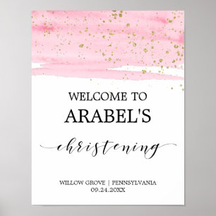 Watercolor Pink Blush & Gold Christening Welcome Poster
