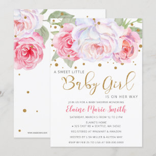 Watercolor Pink Blush Gold Floral Girl Baby Shower Invitation