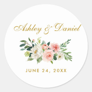 Watercolor Pink Blush Gold Floral Wedding Classic Round Sticker