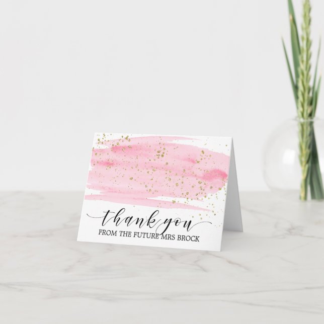Watercolor Pink Blush & Gold Future Mrs Thank You Card (Front)