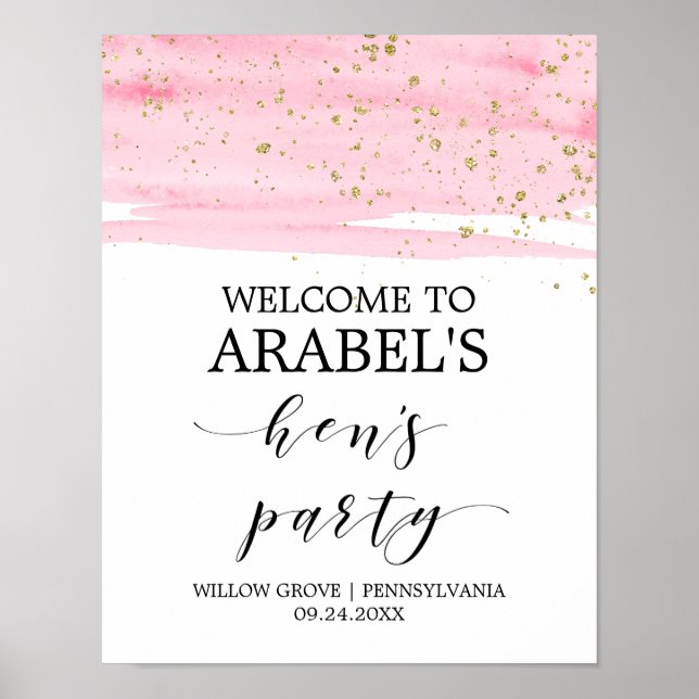 Watercolor Pink Blush & Gold Hen's Party Welcome Poster (Front)