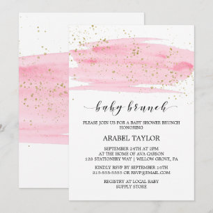 Watercolor Pink Blush & Gold Sparkle Baby Brunch Invitation