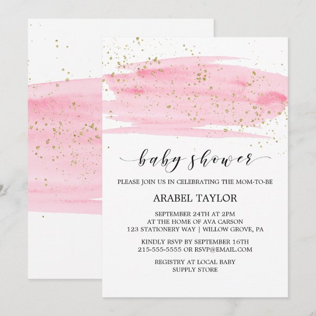 Watercolor Pink Blush & Gold Sparkle Baby Shower Invitation (Front/Back)