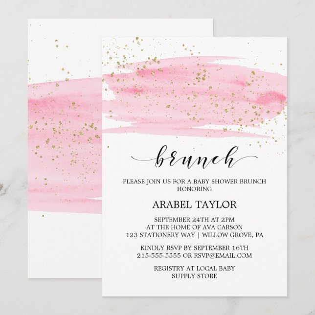 Watercolor Pink Blush & Gold Sparkle Brunch Invitation (Front/Back)