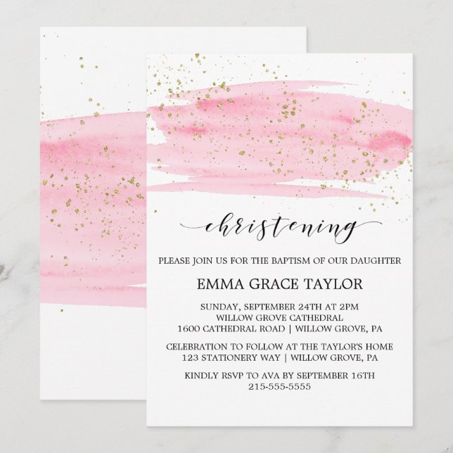 Watercolor Pink Blush & Gold Sparkle Christening Invitation (Front/Back)
