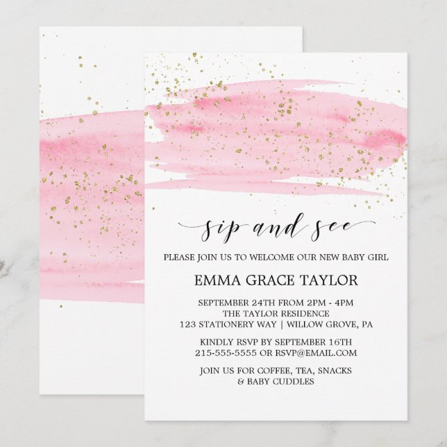 Watercolor Pink Blush & Gold Sparkle Sip and See Invitation (Front/Back)