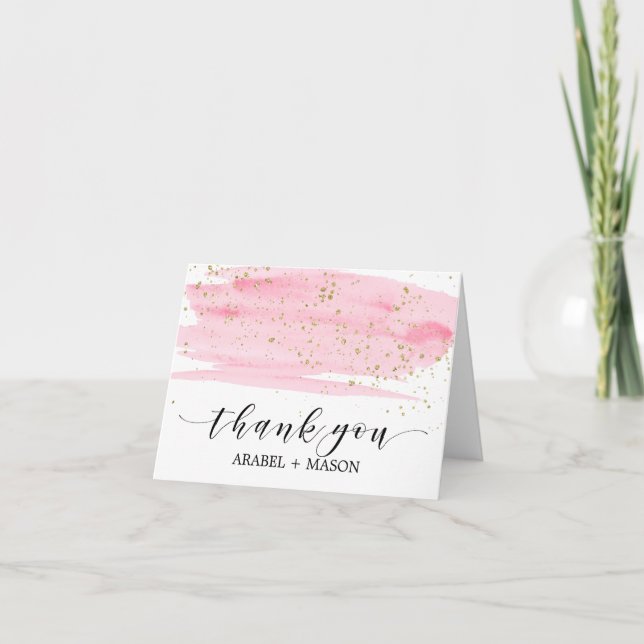 Watercolor Pink Blush Gold Sparkle Thank You Card (Front)