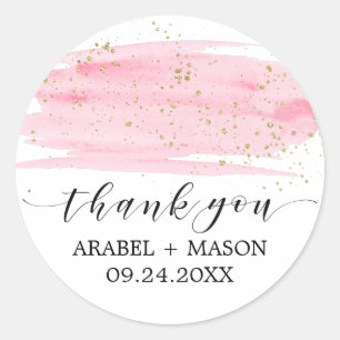 Watercolor Pink Blush & Gold Sparkle Wedding Favou Classic Round Sticker