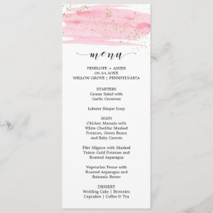 Watercolor Pink Blush & Gold Sparkle Wedding Menu